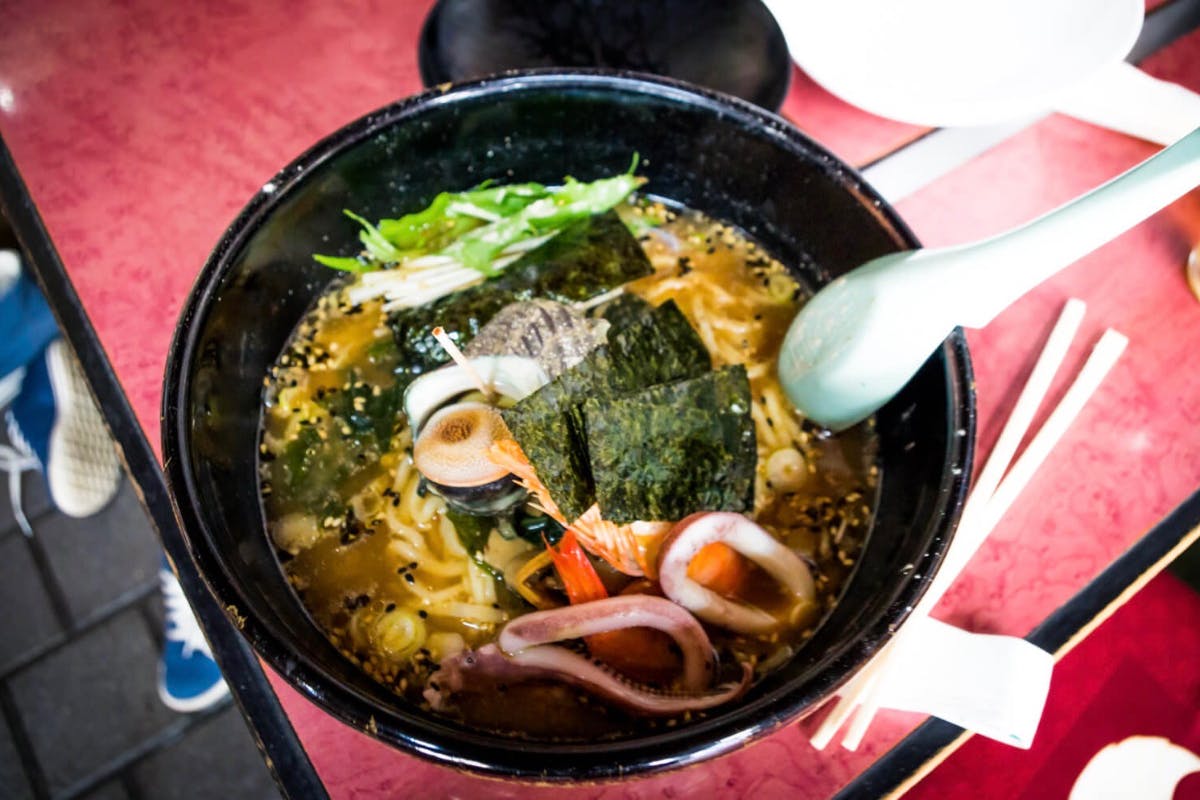 kachan, miso soup seafood ramen, island local dish sets, island food, oshima, tokyo islands, izu islands, tokyo, japan, lunch