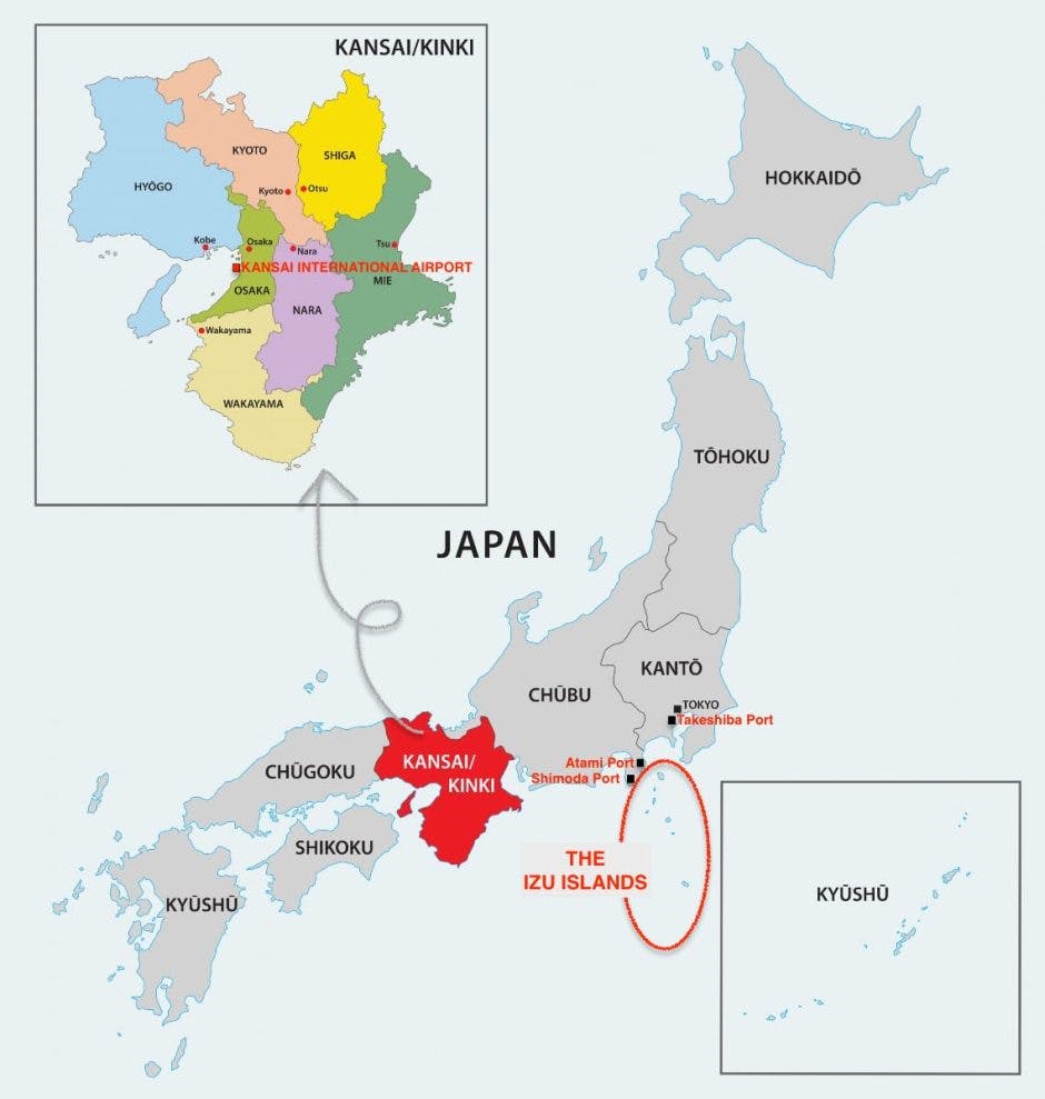 Access from Kansai area, Osaka, Kyoto or Kobe, to Tokyo Izu Islands, Japan JR Pass, flight, kansai map